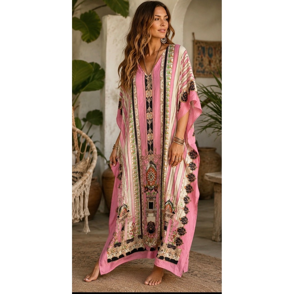 Gypsie Blu Kaftan Dress OS Purple Tropical MuuMuu House Cover Up Boho Loungewear